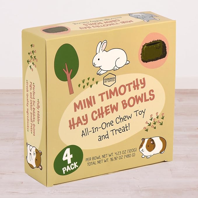 Evergreen Pet Supplies Edible Chew Bowl - Dental Support & Guinea Pig Toys - Treat Play with Edible Bowls for Rabbits - Durable Chew Toy for Small Pets - Pack of 4, Green & Brown