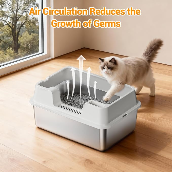 24.6 Inch Large Cat Litter Box, Semi-Enclosed Stainless Steel & PP Pan with High Sides for Anti-Leakage, Flip-Top Lid & Scoop Included for Large Cats-Beige