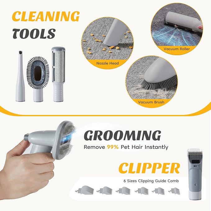 NEWBULIG Pet Grooming Vacuum Kit, 2.5L Dust Cup, 3 Suction Modes and 5 Groomer Tools, Dog Clippers with Cordless Low Noise for Cats, Dogs Other Animals Hair Trimmer