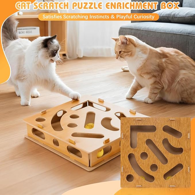Cat Scratch Puzzle Enrichment Box,Maze Cat Nail File Enrichment Box,Interactive Cat Scratching Board,A Stress-Free Alternative to Nail Trimming,with Built-in Bell Ball for Indoor Cats