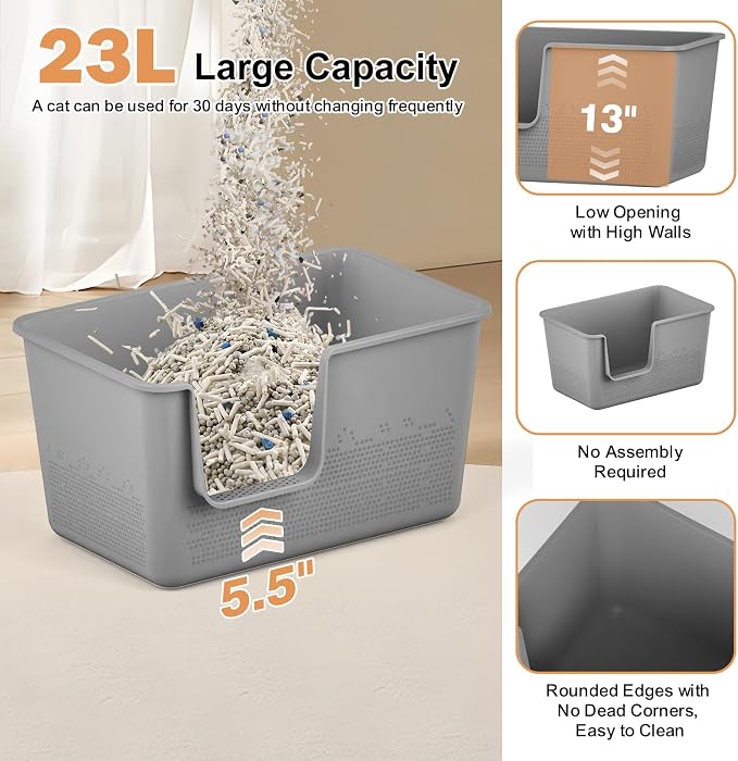 Cat Litter Box with High Sided,24.8" Lx14.9 Wx13.0 H,Extra Large Cat Litter Box for Big Cats,XL Jumbo Kitty Litter Box for Indoor Cats,Tool-Free Assembly (Grey)