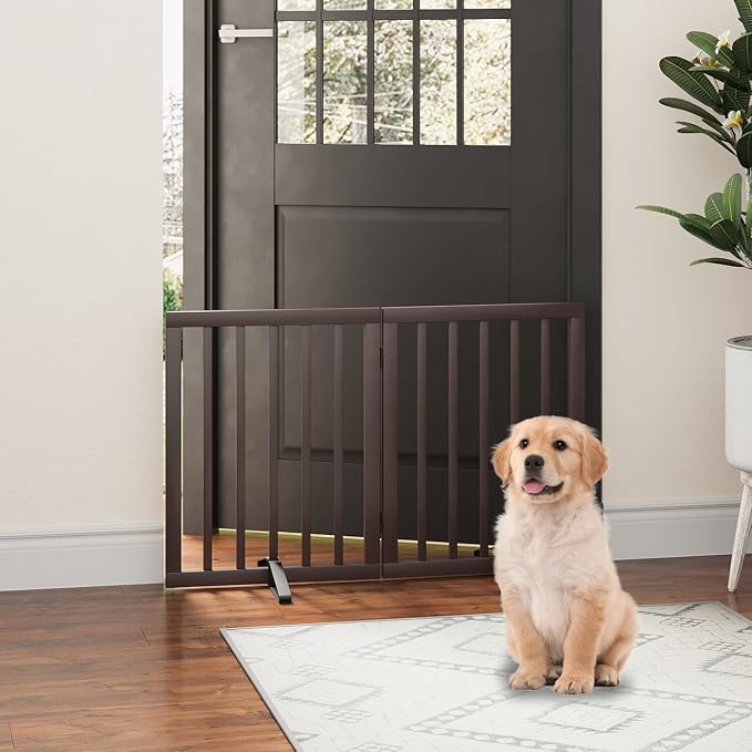 Dog Gates for Doorways, Freestanding Foldable Dog Gate Indoor, Pet Gates for Doorways Bedroom, Puppy Gate with Metal Support Feet, Room Divider 2 Panels (Brown)