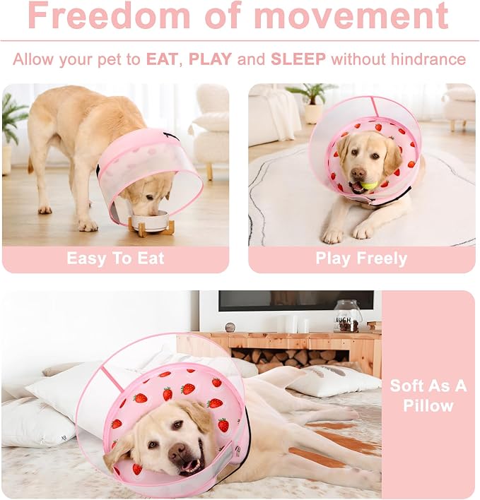 Inflatable Dog Cone Collar for Large Medium Small Dogs, Soft Dog Donut Collar Adjustable Recovery Cone for Pets After Surgery, Extra Enhanced Anti-Licking Guard Shield (Strawberry Print, X-Large)