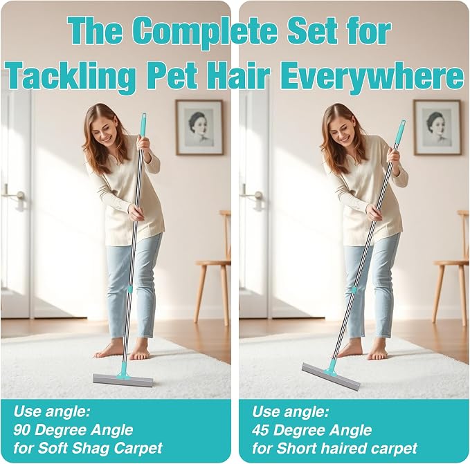 Double-Sided Pet Hair Removal Tool,Adjustable Height Carpet Pet Hair Removal Silicone Broom,Dog Cat Hair Remover Broom for Carpets, Floor Mats,Couch,Floor Squeegee (Blue Carpet Rake)