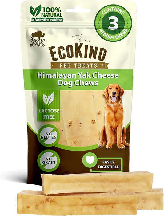 EcoKind Yak Cheese Himalayan Dog Chews, Yak Chews for Medium Dogs, Long Lasting Bone for Aggressive Chewers, 4 Ingredients, Natural High Protein Treats, No Additives, Water Buffalo, Medium - 3 Chews