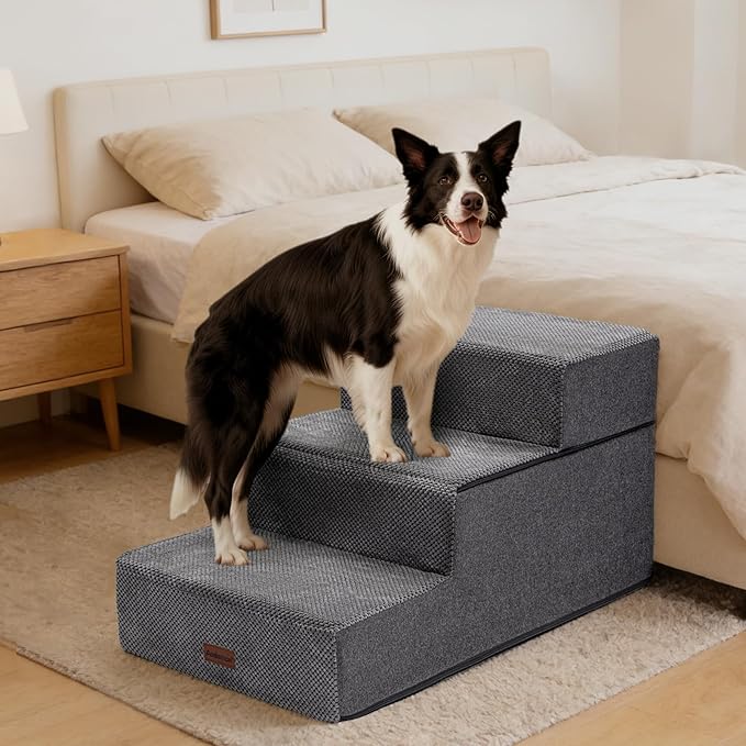 AODISMAN Dog Stairs for Large Dogs 18" H, Extra Wide Dog Steps for High Beds & Couches, 20" Wide Deep Steps, Non-Slip Dogs Ramp, 3-Step Pet Stairs, Grey