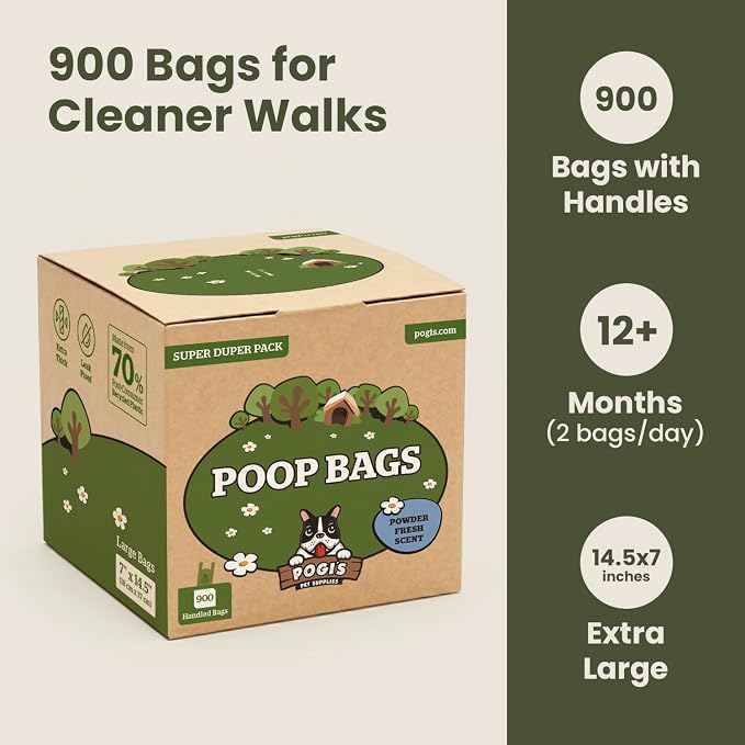 Pogi’s Dog Poop Bags with Handles – Extra-Thick, Leak-Proof, Large, Fresh Scent, 900-Count