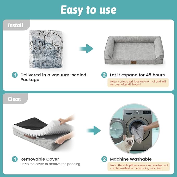 COZY KISS Cooling Dog Bed for Large Dogs, 42"x30" Orthopedic Foam Sofa with Bolster Sides, Q-Max >0.4 Cooling Technology, Cool Pet Bed with Removable Washable Cover, Grey