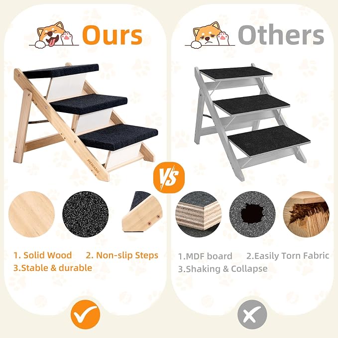 MEWANG Wood Pet Stairs & Ramp for Small/Medium Dogs and Cats, Aging Pets – 2-in-1 Foldable, Portable, Non-Slip Pet Ladder for Tall Beds, Couches,Cars–Holds Up to 220 lbs (24.8" L x 17.2" W x 19.5" H)