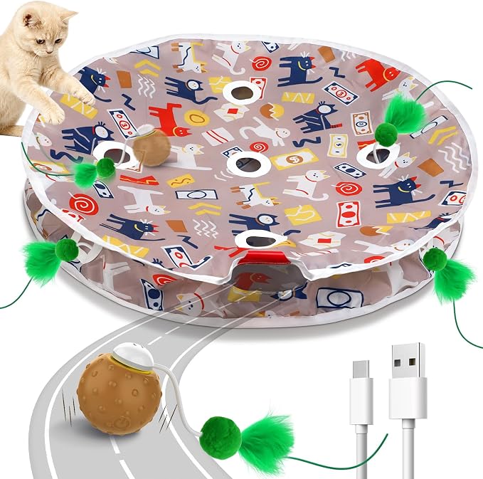 Cat Toys for Indoor Cats, Interactive Ball & 9 Holes Play Mat, Hide-n-Seek Exercise Game, Automatic Ball in Pouch, Mouse Squeaky Stimulating Toy, Motion Activated Kitten Enrichment Toys