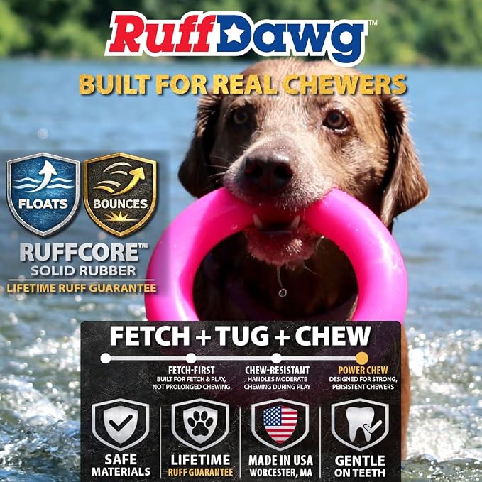 Ruff Dawg Indestructible Dawg-Ring Medium 6” Pink – Heavy-Duty Solid Rubber Tug & Fetch Toy for Dogs Up to 40 lbs – Floats & Bounces – Made in USA