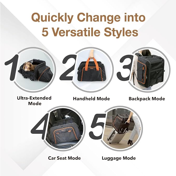 ibiyaya - Expandable Pet Carrier for Dogs and Cats - JetPaw Expandable Pet Carrier for Cats, Dogs, and Rabbits - Airline Approved and Travel Friendly 5 in 1 Dog Carrier - Black and Orange