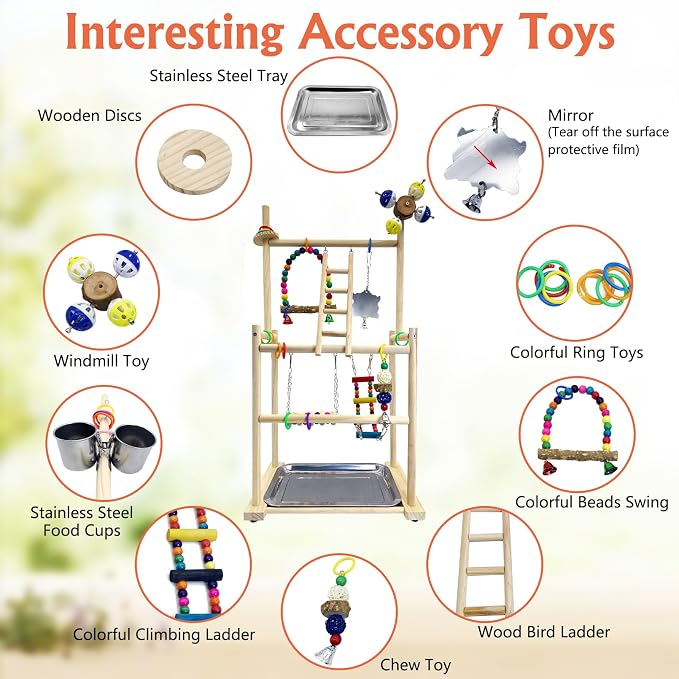Hamiledyi Natural Wood Bird Playground - Large 3-Tier Perch Stand with Exercise Platforms Durable Activity Gym for Parrots, Cockatiels and Small Birds Bird Stand with Ladders and Swings