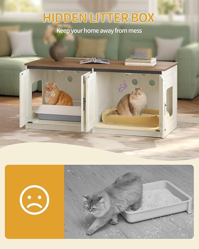 Hzuaneri Cat Litter Box Enclosure for 2 Cats, Hidden Litter Box Furniture Cabinet with Double Room, Indoor Cat House, Farmhouse Style, 46.7 x 18.9 x 21.1 Inches, Rustic Brown and White CB85314X