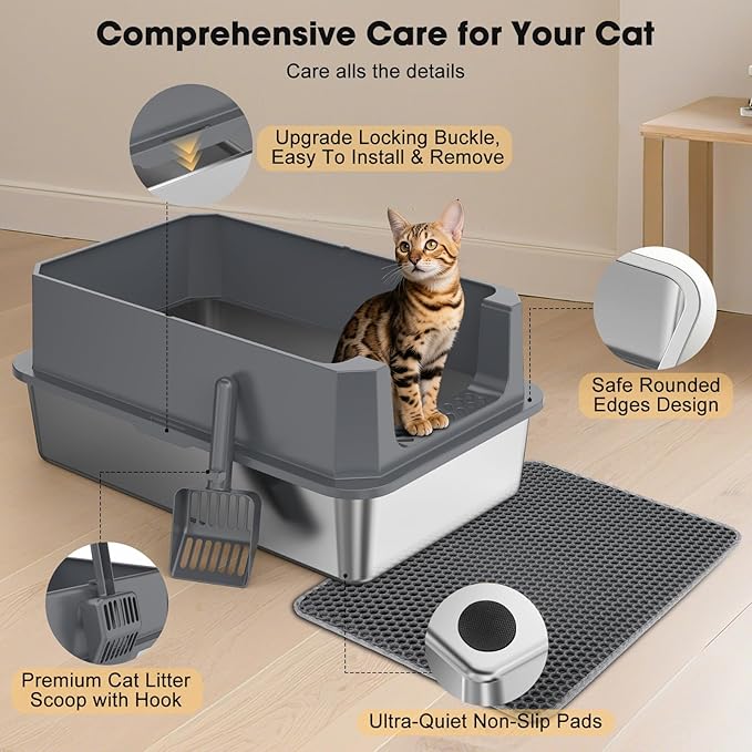 FURTIME Stainless Steel Cat Litter Box, Easy-Clean High-Sided Metal Litter Box, Open-Top Litter Pan for Large Cats, Includes Scoop & Mat, Non-Stick, Anti-Leakage, 23"×15"×10.5"