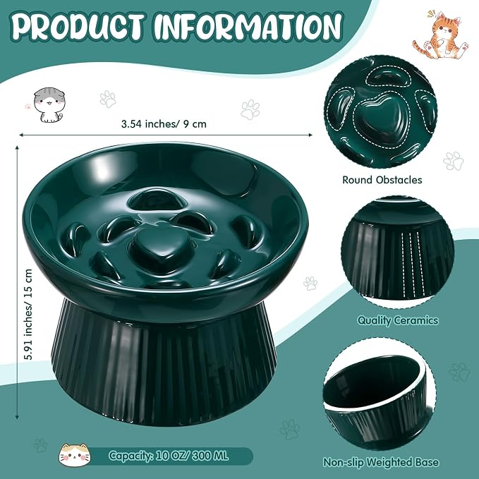 Tioncy 2 Pcs Raised Cat Slow Feeder Bowl Ceramic Elevated Cat Dog Food Bowl No Spill High Edge for Dry Wet Food and Water Easy to Clean, Dishwasher Safe (Dark Green)