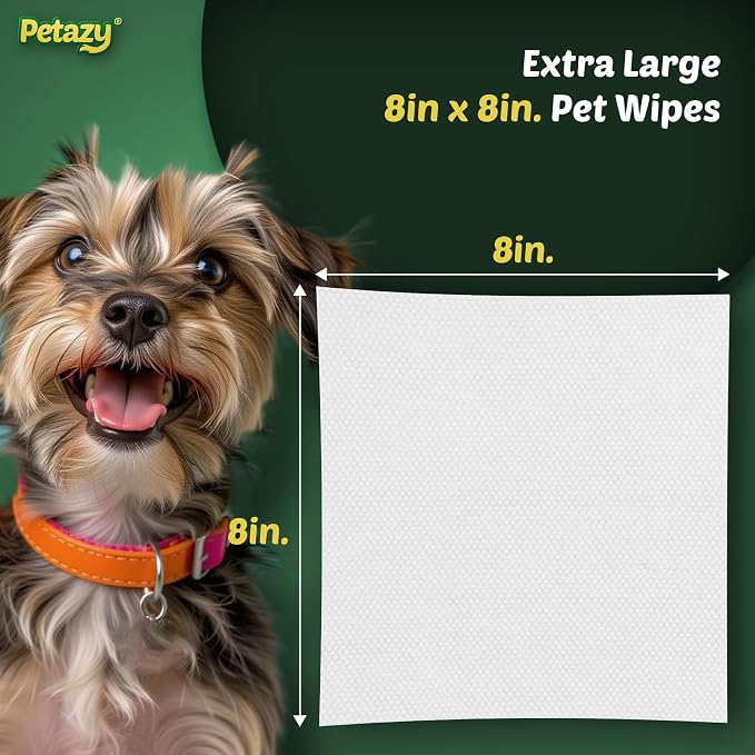 Petazy Pet Wipes for Dogs and Cats – 100 Count (8x8in) Hypoallergenic, Deodorizing Dog Wipes for Paws, Ears and Butt | XL with Aloe & Coconut Oil, Chamomile Scented | Travel Size, On-the-Go Pack