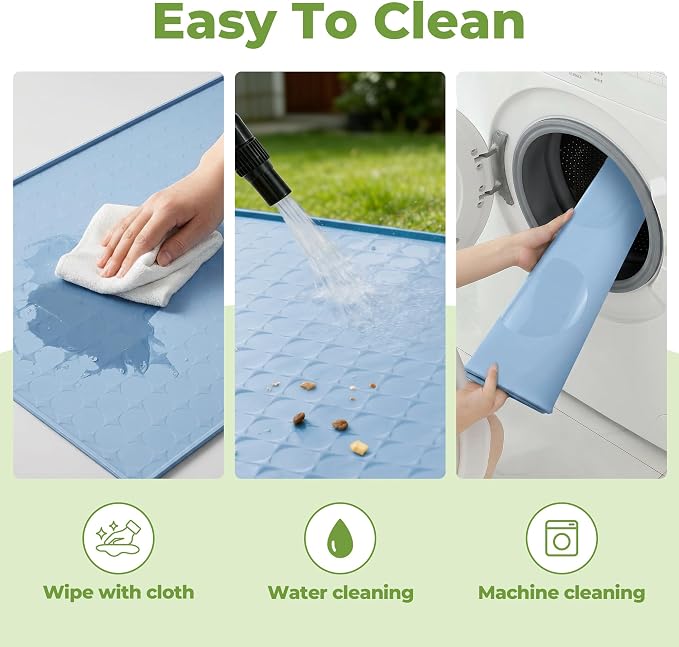Extra Large 34x22 Inch Machine Washable Silicone Pet Food Mat - Waterproof Dog & Cat Bowl Mat with Raised Edge, Non-Slip Floor Protector for Large Dogs, Multi-Pet Homes (Blue)