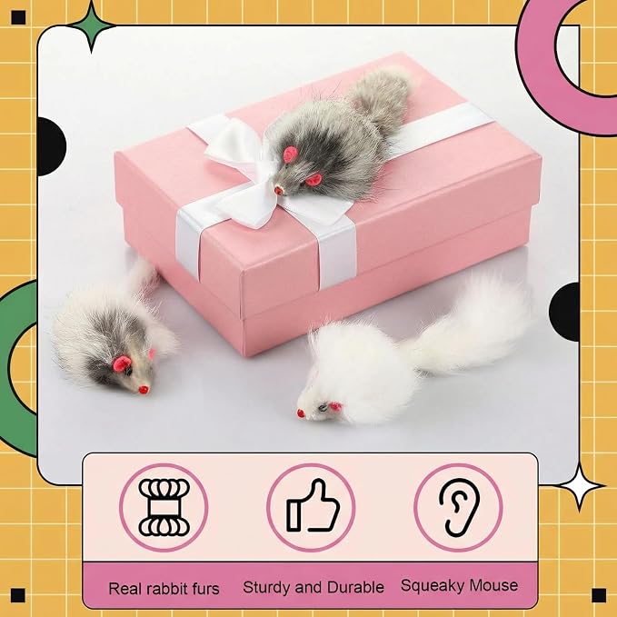 Hungdao 12 Pcs Furry Mice Interactive Catch Play Rabbit Fur Mouse Rattle Sound Rat Plush for PET Cats and Kittens, 3 Colors (White,Black,Gray)