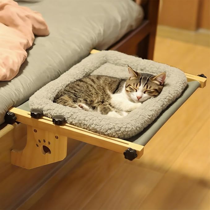 Cat Window Perch- Adjustable Sill Fit,Renter-Safe,Wood-Metal Frame Sturdy Hammock No Drilling,Washable Bed Cover,Tool-Free Install for Indoor Cats,Ideal for Small Spaces & Multi-Cat Families(Grey,M)