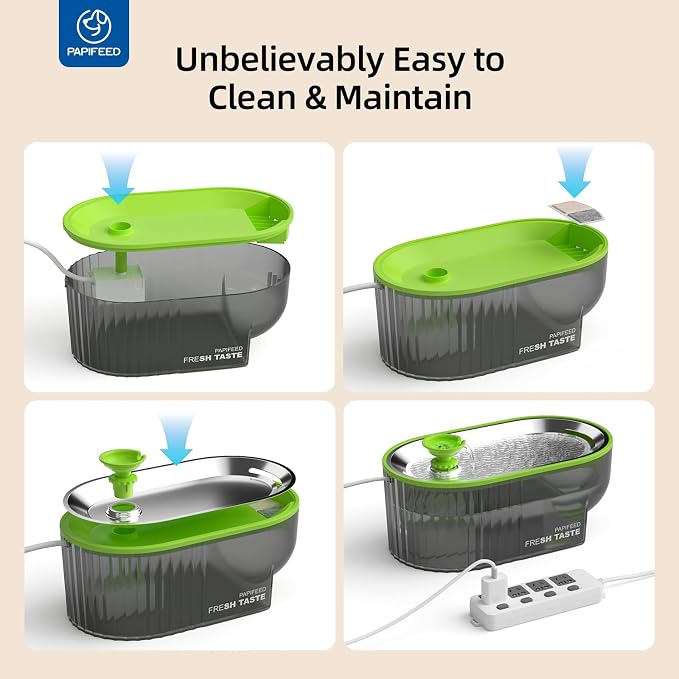 PAPIFEED Cat Water Fountain Stainless Steel with a Silicone Mat, 84oz/2.5L Automatic Pet Water Fountain with LED Water Level Window, Quiet Low Power Cat Water Bowl & Cat Water Dispenser (Green)