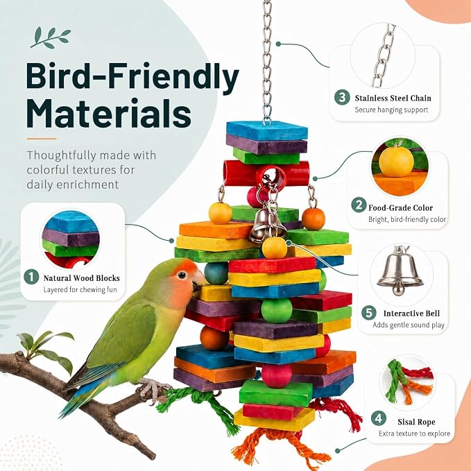 2 Pack Bird Toys Natural Wood Bird Chewing Toy with Heavy-Duty Stainless Steel Chain for Small to Medium Parrot, Cockatiel, African Grey, Amazon Parrot, Conure Bird Cage Accesso