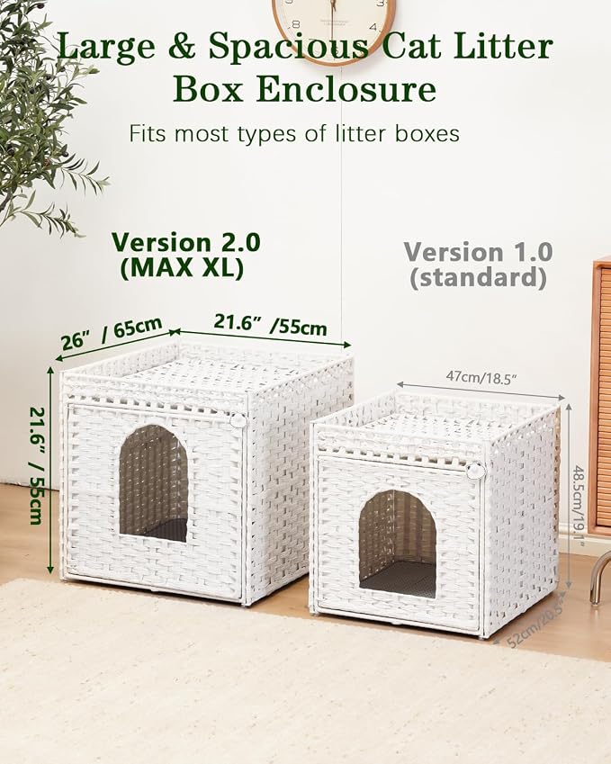 SETVSON Cat Litter Box Enclosure Furniture, Large Hidden Litter Box Furniture, Handwoven Rattan Cat House Cabinet, One Mat, Two S-Shaped Hooks, Living Room, Apartment 21.6 X 26 X 21.6 Inches, White