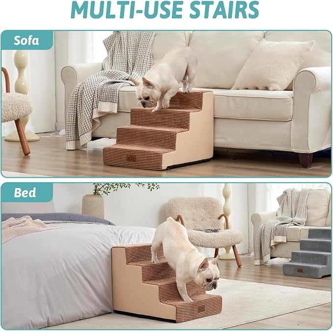 COZY KISS Dog Stairs for Small Dogs, 17.7" Extra Wide Right-Angle Pet Stairs for Couch and Beds, Anti-Slip Dog Steps for Old Cats and Lowrider, 17.7x23.6x17.7 inch,Light Brown