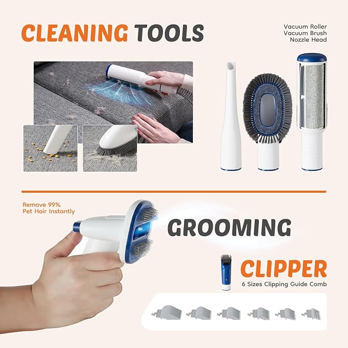 DUMOS Pet Grooming Vacuum Kit, 3 Adjustable Suction Modes Dog Clipper, 5 Professional Grooming Tools with Low Noise Cat Hair Clippers, 2.5L, Blue & White