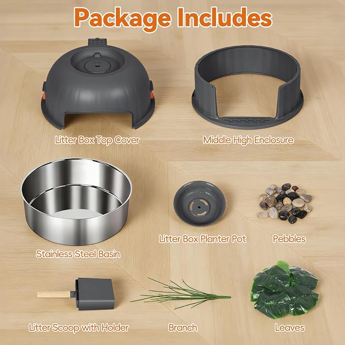 Three-Section Hidden Cat Litter Box, Stainless Steel Litter Box, Cat Litter Box Hidden with Faux Plant & Scoop, Vented Filter for Odor Control, Hidden Litter Box Furniture, Home Decor (Grey)