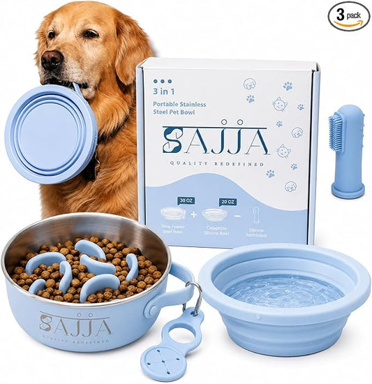 Blue Slow Feeder Travel Dog Bowl Set – 30oz Stainless Steel + 20oz Collapsible Silicone Dish + Silicone Slow Feeder Insert | Water Bottle Holder | Non-Slip, Anti-Choking, BPA-Free – Claim