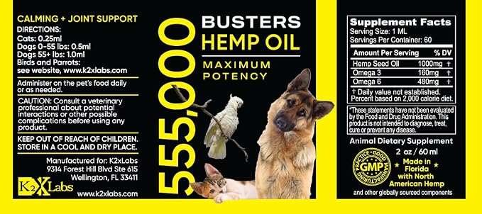 Buster's Organic Hemp Oil for Dogs and Cats, Economy 4PACK-8MTH-Supply, Large 60ml Bottle, Made in USA - Miracle Formula, Perfectly Balanced Omega 3, 6, 9 - Supports Joints
