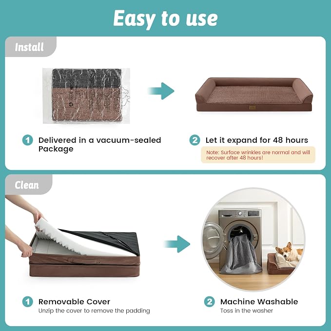 COZY KISS Orthopedic Dog Beds for Large Sized Dog, XL Bolster Pet Couch with Waterproof Lining, Egg Crate Foam Sofa for Pets Up to 100 lbs, U-Shaped, 44x32x7 inch, Brown