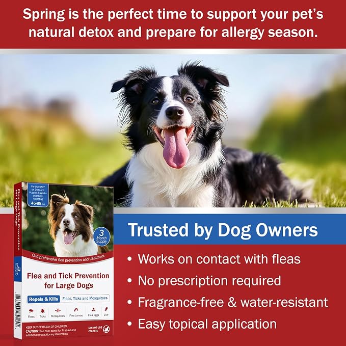 Flea and Tick Prevention for Dogs, Large Dog Flea, Tick & Mosquito Control, Repellent, 44-88lbs, 24-Hour Protect, 3-Month Supply, Flea Supplements for Dogs