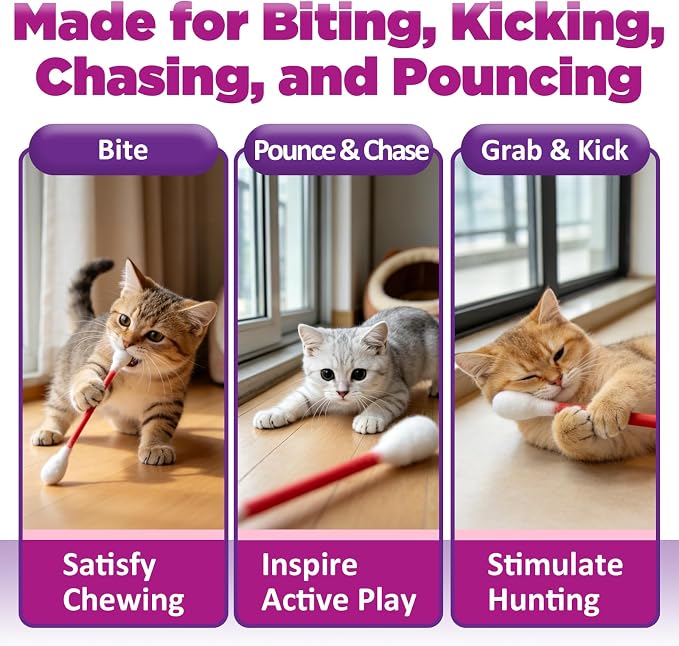 18 Pcs Cotton Swabs Cat with Catnip, Interactive Kitty Kick Sticks | Durable for chew, Soft plushfor, for anxiety and digestive aid