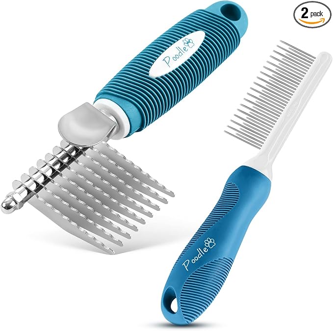 Poodle Pet Bundle - Dematting Fur Rake Comb Brush Tool with Steel Safety Blades and Detangling Pet Comb with Long and Short Stainless Steel Teeth for Detangling Matted or Knotted Undercoat Hair (Blue)
