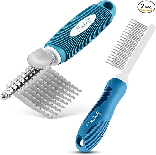 Poodle Pet Bundle - Dematting Fur Rake Comb Brush Tool with Steel Safety Blades and Detangling Pet Comb with Long and Short Stainless Steel Teeth for Detangling Matted or Knotted Undercoat Hair (Blue)