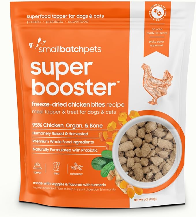 smallbatch Freeze Dried Dog Treats, Superfood Food Topper Chicken Bites for Dogs & Cats, Probiotics, Organic Ingredients, High Protein, Grain Free Healthy Treat Food Topper, Made in the USA, 7 oz Bag