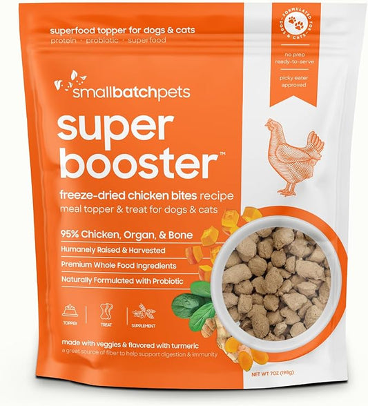 smallbatch Freeze Dried Dog Treats, Superfood Food Topper Chicken Bites for Dogs & Cats, Probiotics, Organic Ingredients, High Protein, Grain Free Healthy Treat Food Topper, Made in the USA, 7 oz Bag