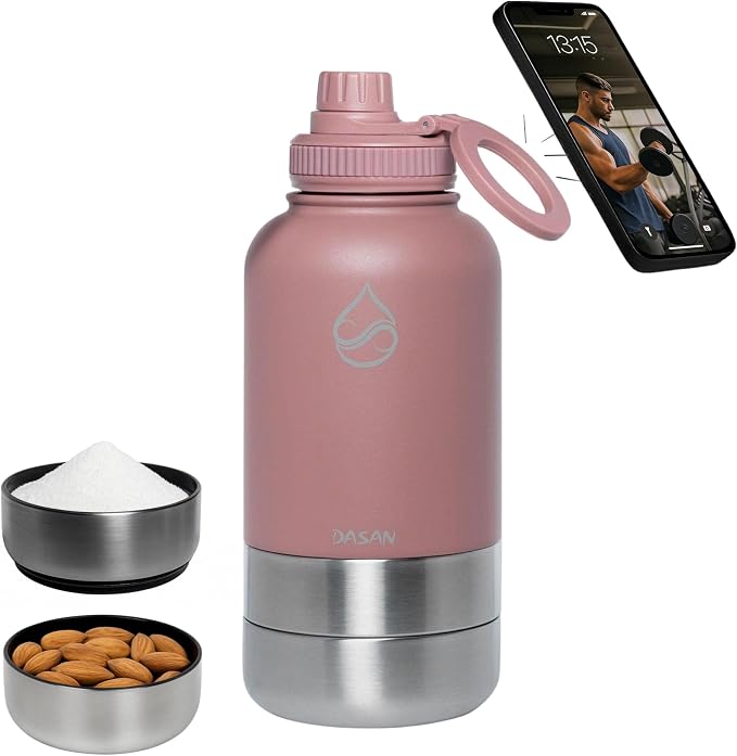 DASAN 32oz Gym Water Bottle with Phone Holder - Insulated Stainless Steel Magnetic Tripod, MagSafe Compatible, 2 Storage Bowls for Protein Powder, Vitamins & Dog Walks