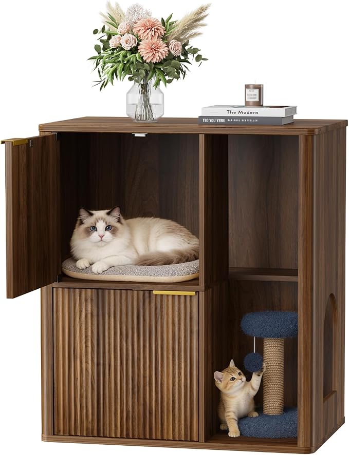 Rovibek Double Cat Litter Box Enclosure Furniture, Fluted Hidden Litter Box Enclosure for 2 Cats with Double Room, Mid Century Dual Cat Litter Cabinet with Scratching Post, Dangling Ball, Walnut