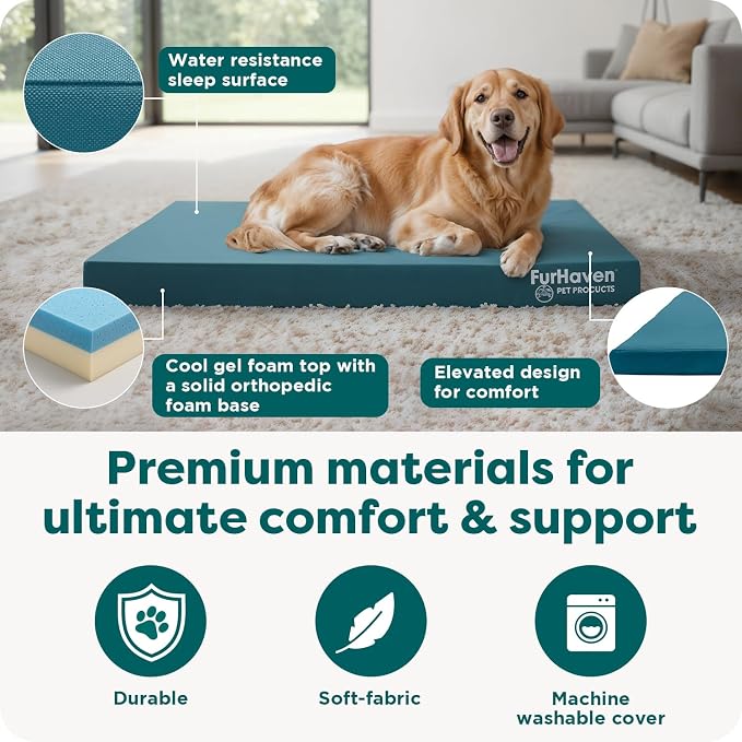 FurHaven Water-Resistant Orthopedic Dog Bed for Large Dogs, Oxford Polycanvas Mattress with Orthopedic Solid Slab Foam for Joint Support, Removable Washable Cover, Jumbo XL, Stone Gray