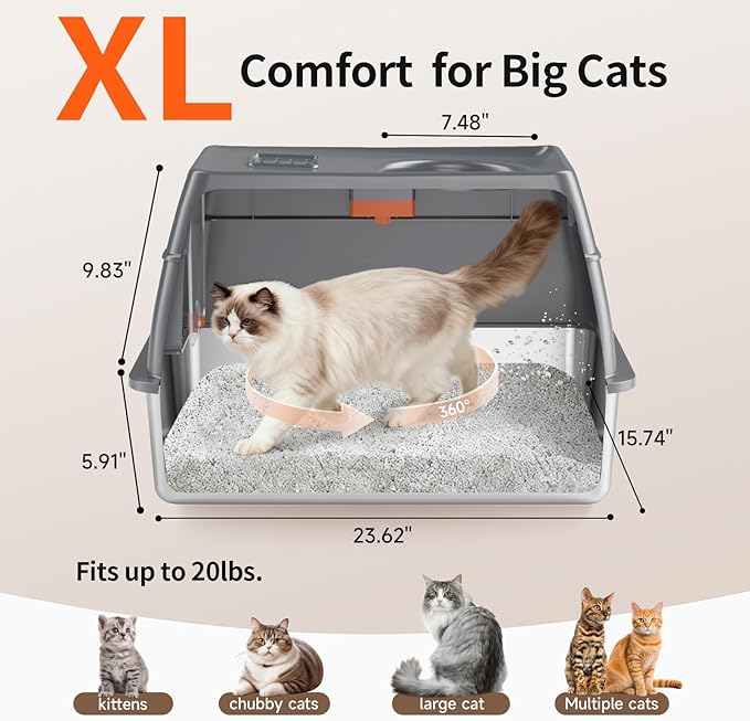 Extra Large Stainless Steel Litter Box with Lid, High Sided Enclosed Metal Cat Litter Pan, Dog Proof Front Entry Top Exit, Odor Control Easy Clean Leak Proof, Includes Scoop & Step, Grey