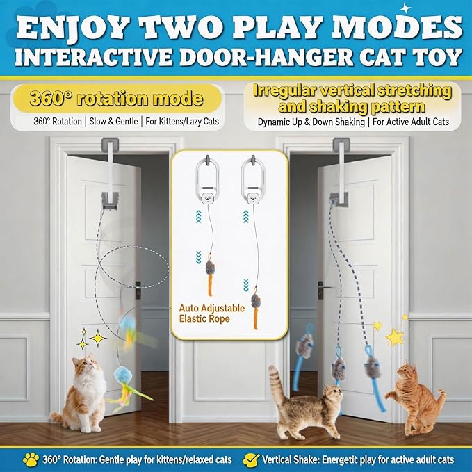 Interactive Cat Toy, Rechargeable Electric Cat Teaser, Hanging Door cat Toy, 2 Motion Modes (360° Spin & Irregular Jumping), Smart Auto Cat Toy for Exercise & Fun, Grey