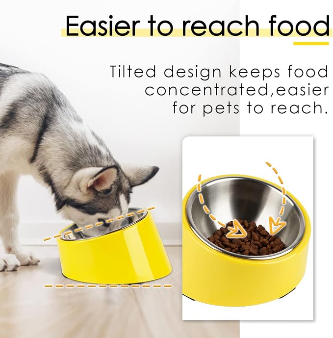 SuperDesign Mess Free 15° Slanted Bowl for Dogs and Cats, Tilted Angle Bulldog Bowl Dog Feeder, Non-Skid & Non-Spill, Easier to Reach Food S/0.5 Cup Bright Yellow