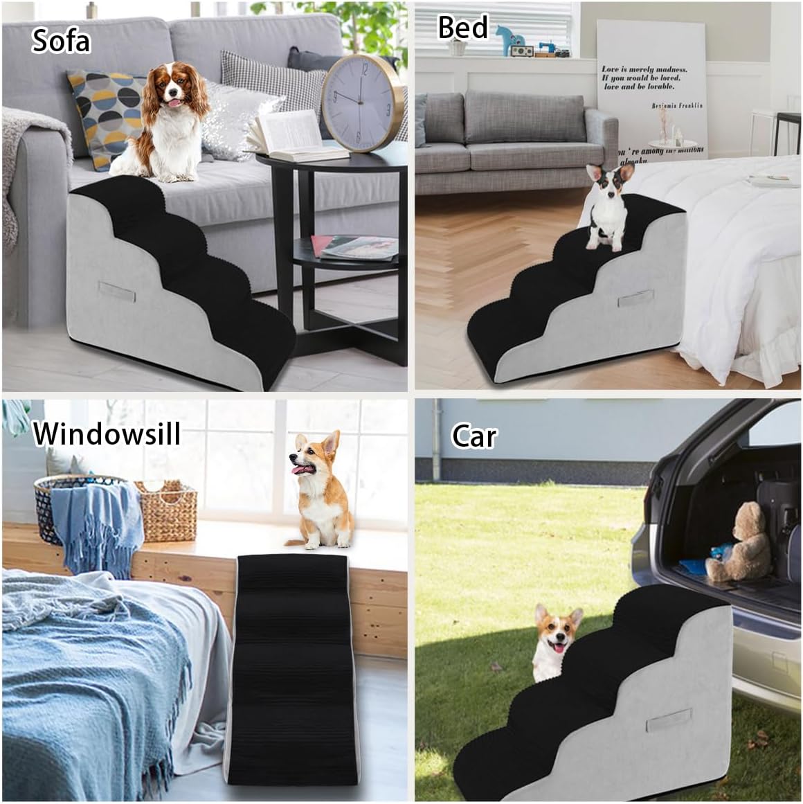 High Density Foam Dog Stairs Steps, Non-Slip Extra Wide Deep Pet Steps for Beds Or Couches, for Injured or Older Pets Dogs and Cats with Joint Pain (4-Tiers (Black))