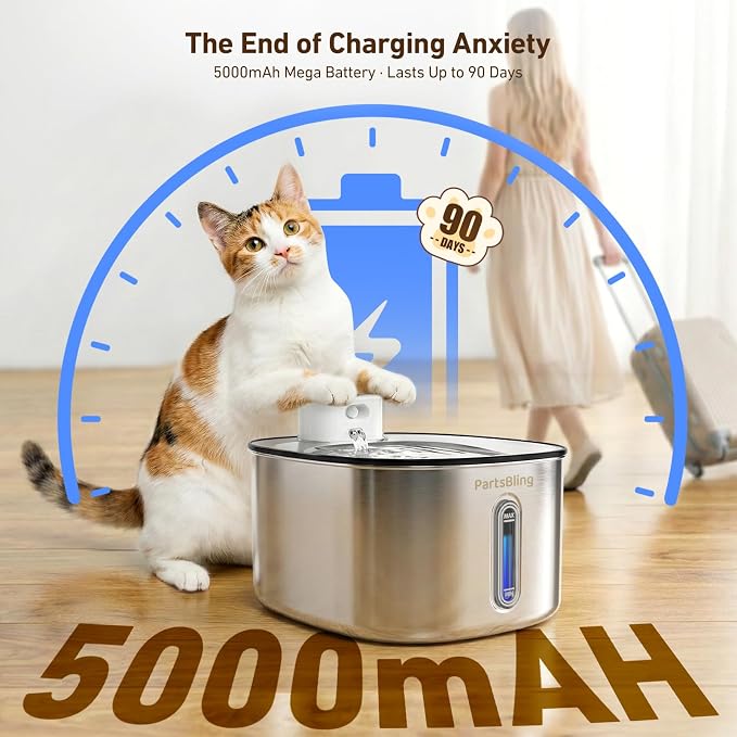 PartsBling Cordless Cat Water Fountain Stainless Steel, 4.2L/142oz Battery Operated Pet Fountain, Ultra Quiet Water Dispenser Cats&Dogs, 5000mAh Rechargeable, Easy to Clean, Includes 4 Filters, White