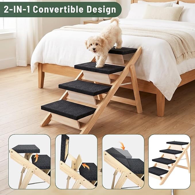 Dog Stairs/Ramp for Bed, Wooden 2-in-1 Foldable Pet Stairs & Ramp, Portable Dog Ladder Up to 180 Pound for Elderly/Short-Legged Dogs, 4 Steps for Beds, Couch