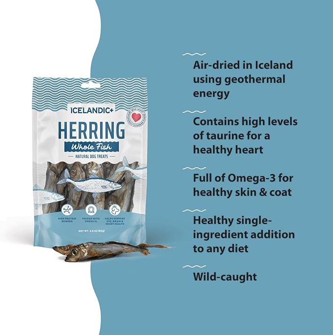 Icelandic+ Whole Fish Herring - 3oz Bag - Dog Treats, Pure Wild-Caught Air-Dried Fish, Single Ingredient Snack, Pet Chew, Just The Fish Nothing Else