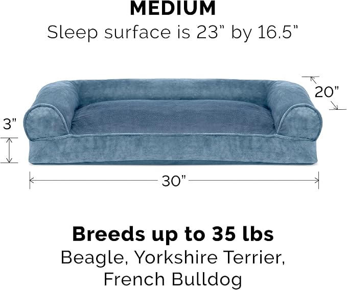 Furhaven Pillow Dog Bed for Medium/Small Dogs w/ Removable Bolsters & Washable Cover - Faux Fur & Velvet Sofa - Harbor Blue, Medium